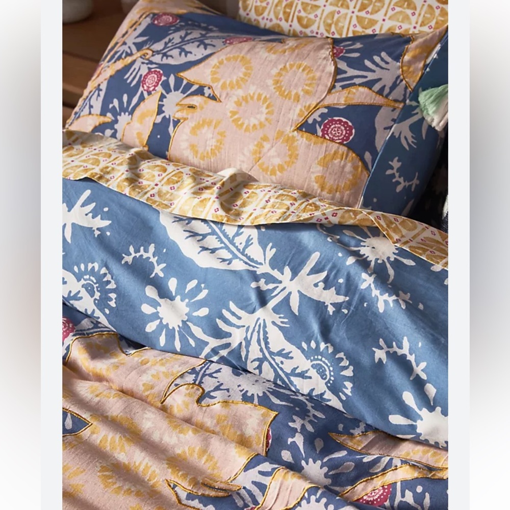 Anthropologie Klara Blue and Yellow Floral Duvet Cover +shams - Picture 2 of 6